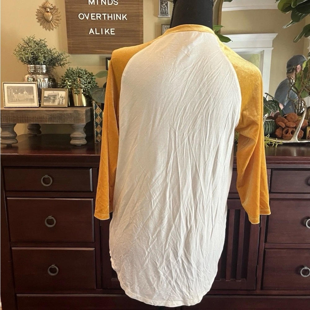 Modcloth White and Gold Velvet Sleeves Baseball Top - Picture 3 of 6